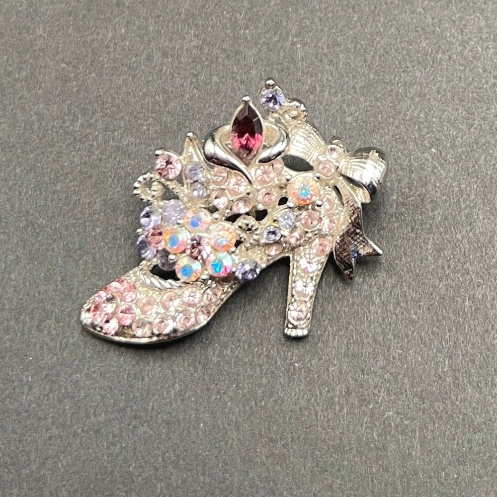 Vintage AB Rhinestone Shoe Brooch Silver Tone Bow Pink Purple Coquette Heel Pin